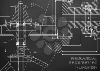 Mechanical engineering. Technical illustration. Backgrounds of engineering subjects. Technical design. Instrument making. Cover, banner, flyer. Black background