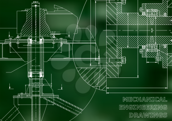 Mechanical engineering. Technical illustration. Backgrounds of engineering subjects. Technical design. Instrument making. Cover, banner, flyer. Green background