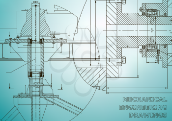 Mechanical engineering. Technical illustration. Backgrounds of engineering subjects. Technical design. Instrument making. Cover, banner, flyer. Light blue