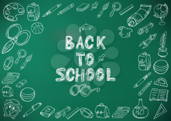 Back to school. Drawing with chalk. Green board. School elements. Hand drawing