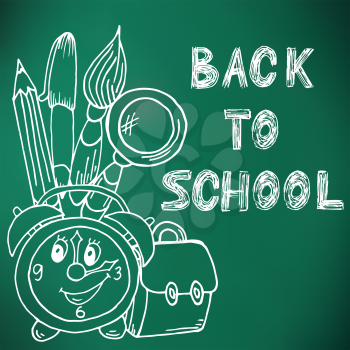 Back to school. Green board. Drawing with chalk. Doodle image. Hand drawing