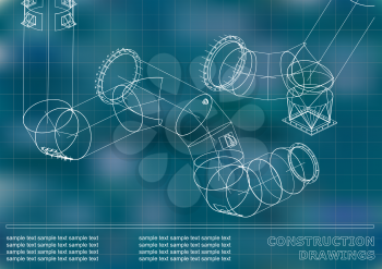 Drawings of steel structures. Pipes and pipe. 3d blueprint of structures. Cover, background for your design. Blue background. Grid