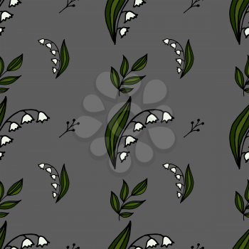 Floral seamless background. Lilies of the valley. Sprigs, leaves. Gray background