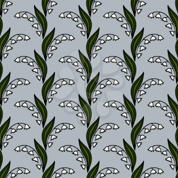 Floral seamless background. Lilies of the valley. Sprigs, leaves. Waves of flowers. Strips. Light gray background