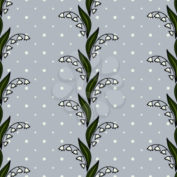Floral seamless background. Lilies of the valley. Sprigs, leaves. Waves of flowers. White peas. Light gray background