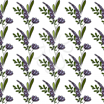 Floral seamless pattern. Lilac inflorescence. Lavender. Stripes of flowers on a white background. Background in polka dots