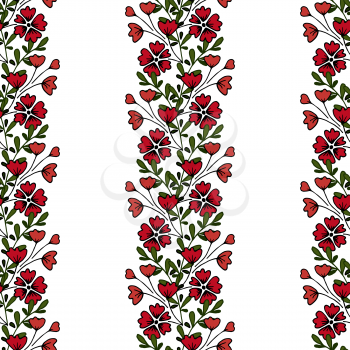 Floral seamless pattern. Red and pink inflorescences. Sprigs of flowers. Stripes of flowers on a white background