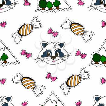 Kids, Cartoon seamless pattern. Skarpbuking. Textiles, cartoon background. Mountains, trees, bows, candy, raccoon