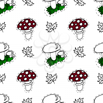 Kids, Cartoon seamless pattern. Skarpbuking. Textiles, cartoon background. Mushrooms, mushroom, autumn leaves
