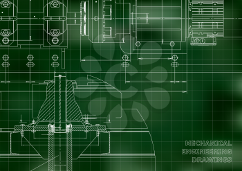 Mechanical engineering drawings. Technical Design. Engineering backgrounds. Blueprints. Green background. Grid