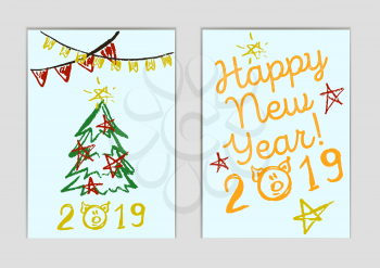 A set of New Year greeting cards. Happy New Year. 2019. Children's drawing wax crayons