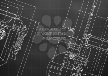 Blueprint, Sketch. Vector engineering illustration. Cover, flyer, banner, background. Instrument-making drawings. Mechanical engineering drawing. Technical illustrations. Black background. Grid