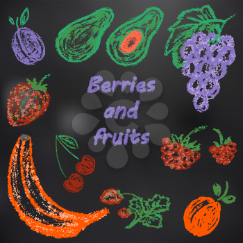 Child drawing with chalk on a black board. Bright beautiful fruits. Tasty and healthy. Plum, avocado, grapes, raspberries, strawberries, cherries, strawberries, banana, apricots