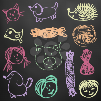 Children's drawings. Elements for the design of postcards, backgrounds, packaging. Color chalk on a blackboard. Persons, children, pig, hedgehog, hare, sweets