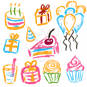 Children's drawings. Elements for the design of postcards, backgrounds, packaging. Printing for clothing. Birthday,  sweets, balls gifts