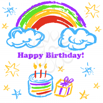 Children's drawings. Greeting card, flyer, banner. Happy Birthday Rainbow cake gift