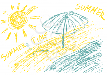 Children's drawing with colored wax crayons. Summer mood. Sea, beach, sun
