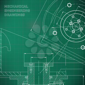 Mechanics. Technical design. Engineering style. Mechanical instrument making. Cover, flyer. Light green background. Grid