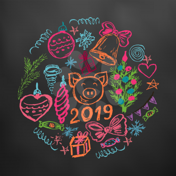 New Year 2019. New Year's set of elements for your creativity. Children's drawings wax crayons on a black background. Christmas tree, fur-tree toys, candy, gifts, pig, 2019