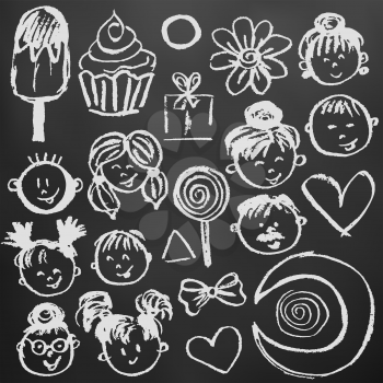 Set elements for your creativity. Children's drawings with white chalk on a black background. People, faces, children, ice cream, cupcake