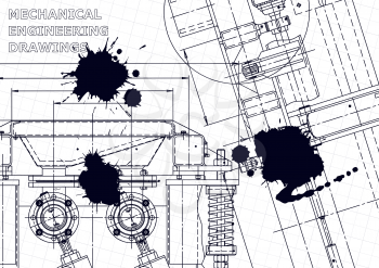 Sketch. Vector engineering illustration. Cover, flyer, banner, background. Instrument-making drawings. Black Ink. Blots. Technical illustrations, backgrounds