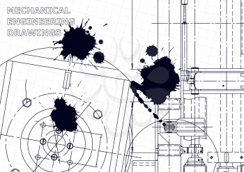 Vector engineering illustration. Instrument-making drawings. Mechanical engineering drawing. Black Ink. Blots. Technical illustrations