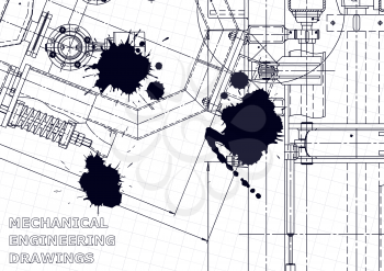 Vector engineering illustration. Mechanical engineering drawing. Instrument-making drawings. Computer aided design systems. Technical illustrations, backgrounds. Black Ink. Blots