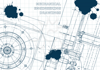 Blueprint. Vector engineering illustration. Cover, flyer, banner, background. Instrument-making drawings. Mechanical engineering drawing. Technical illustrations. Blue Ink. Blots