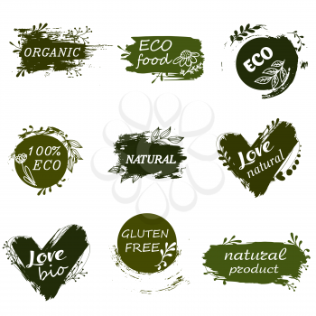 I love organic. Vector illustration for menu of restaurants, packaging, advertising. Set of logos, icons, design elements. Doodle logos. Natural food, organic food, veggie food. Healthy food label