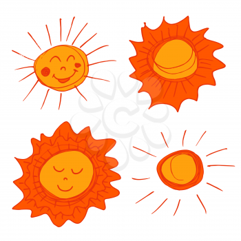 Sun. A set of handmade drawings. Elements for the design of postcards, backgrounds, packaging. Printing for clothing. Doodle