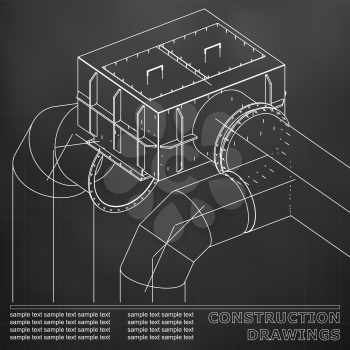 Drawings of steel structures. Pipes and pipe. 3d blueprint of steel structures. Black background. Grid