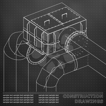 Drawings of steel structures. Pipes and pipe. 3d blueprint of steel structures. Black background. Points