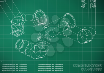 Drawings of steel structures. Pipes and pipe. 3d blueprint of steel structures. Cover, background for your design. Light green background. Grid