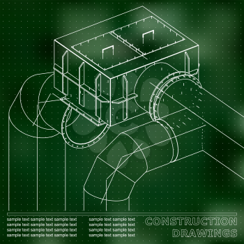 Drawings of steel structures. Pipes and pipe. 3d blueprint of steel structures. Green background. Points