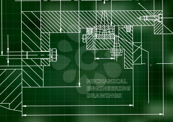 Mechanical engineering. Technical illustration. Backgrounds of engineering subjects. Technical design. Green background. Grid