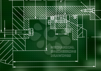 Mechanical engineering. Technical illustration. Backgrounds of engineering subjects. Technical design. Green background. Points