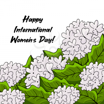 Buldenezh. Monstera. Viburnum flowers. Greeting card International Women's Day
