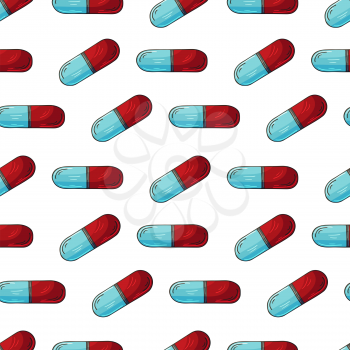 Cartoon medical drugs in hand draw style. Seamless pattern on a white background. Background for packaging, advertising of tablets