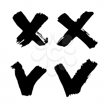 Checkmark and cross icons set. Hand drawing paint, brush drawing. Isolated on a white background. Doodle grunge style icon. Outline illustration