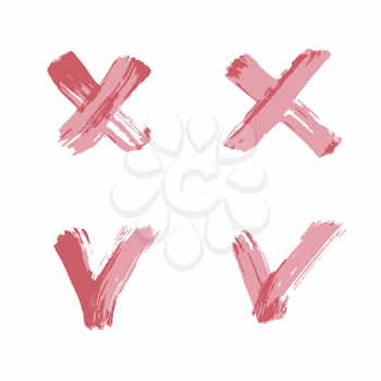 Checkmark and cross icons set. Hand drawing paint, brush drawing. Isolated on a white background. Doodle grunge style icon. Outline, line icon, cartoon illustration