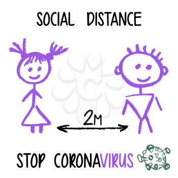 Children's drawing with wax crayons. Coronavirus. Self Quarantine. Social distancing concept people standing away to prevent COVID-19 coronavirus disease vector illustration