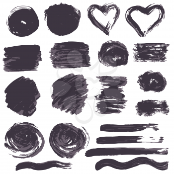 Collection of black ink, ink, brush strokes, brushes, lines, grungy. Waves, circles. Dirty elements of decoration, boxes frames Vector illustration Freehand drawing
