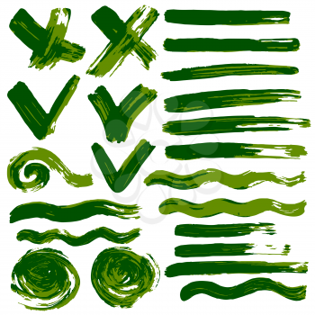 Collection of green paint, ink, brush strokes, brushes, lines, grungy. Waves, circles, hearts. Dirty elements of decoration, boxes frames Vector illustration Freehand drawing