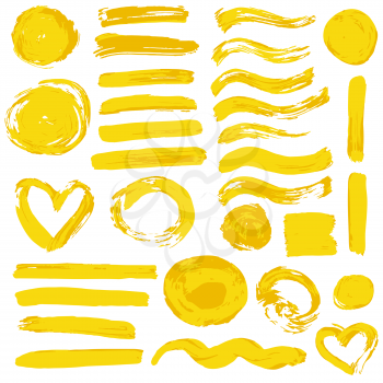 Collection of orange paint, ink, brush strokes, brushes, lines, grungy. Waves, circles. Dirty elements of decoration, boxes, frames. Vector illustration Isolated over white background Freehand drawing