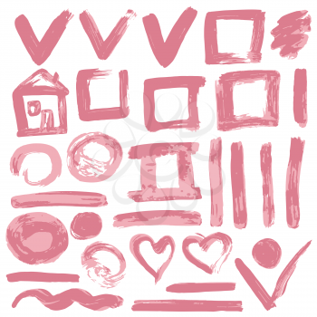 Collection of pink paint, ink, brush strokes, brushes, lines, grungy. Waves, circles. Dirty elements of decoration, boxes frames Vector illustration Freehand drawing