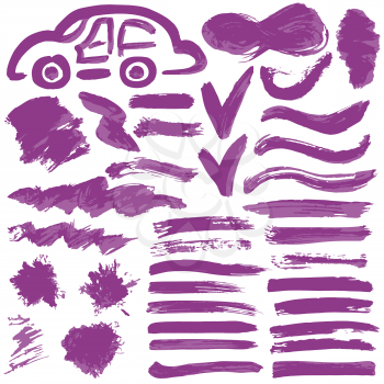 Collection of violet paint, ink, brush strokes, brushes, lines, grungy. Waves, circles, Dirty elements of decoration, boxes frames Vector illustration Freehand