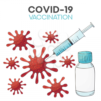 Coronavirus background. Covid-19 corona virus vaccination. 2019-ncov Covid-19 Coronavirus vaccine vials medicine bottles syringe vector drawing