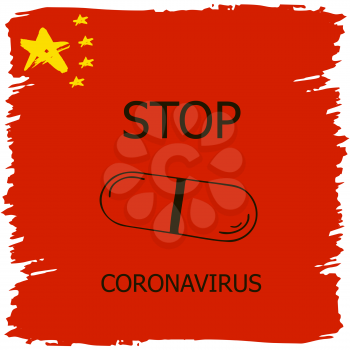 Coronavirus in China. Novel coronavirus (2019-nCoV), red background with stars and colors of Chinese flag. Concept of coronavirus quarantine. Pill, medicine Icon, Stop Coronavirus