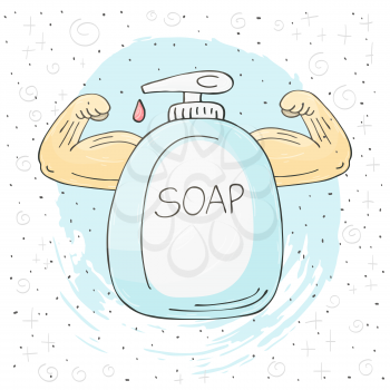 Liquid soap with strong hands, strong man. Vector illustration hand drawing design on white background