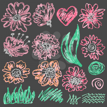 Cute childish drawing with colored chalk on a gray background. Pastel chalk or pencil funny doodle style vector. Art elements, flowers, leaves, branches